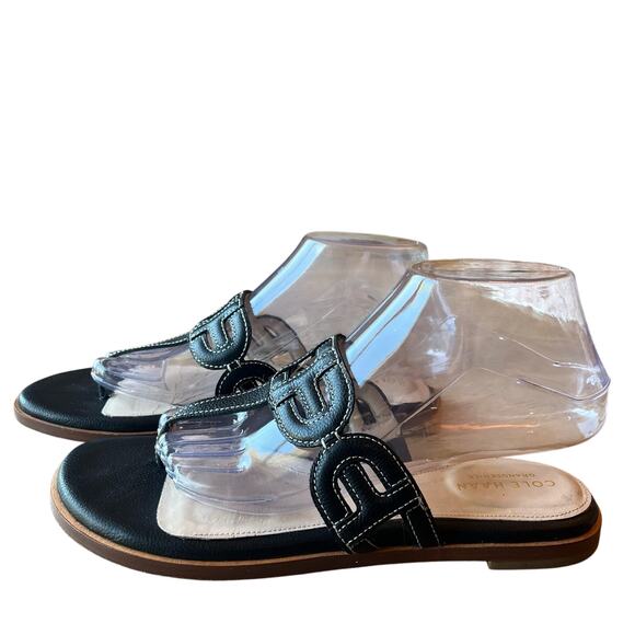 Cole Haan Sandals Size 8 Black Flat Leather Thong Slip On Flip Flop Comfort - Picture 1 of 9